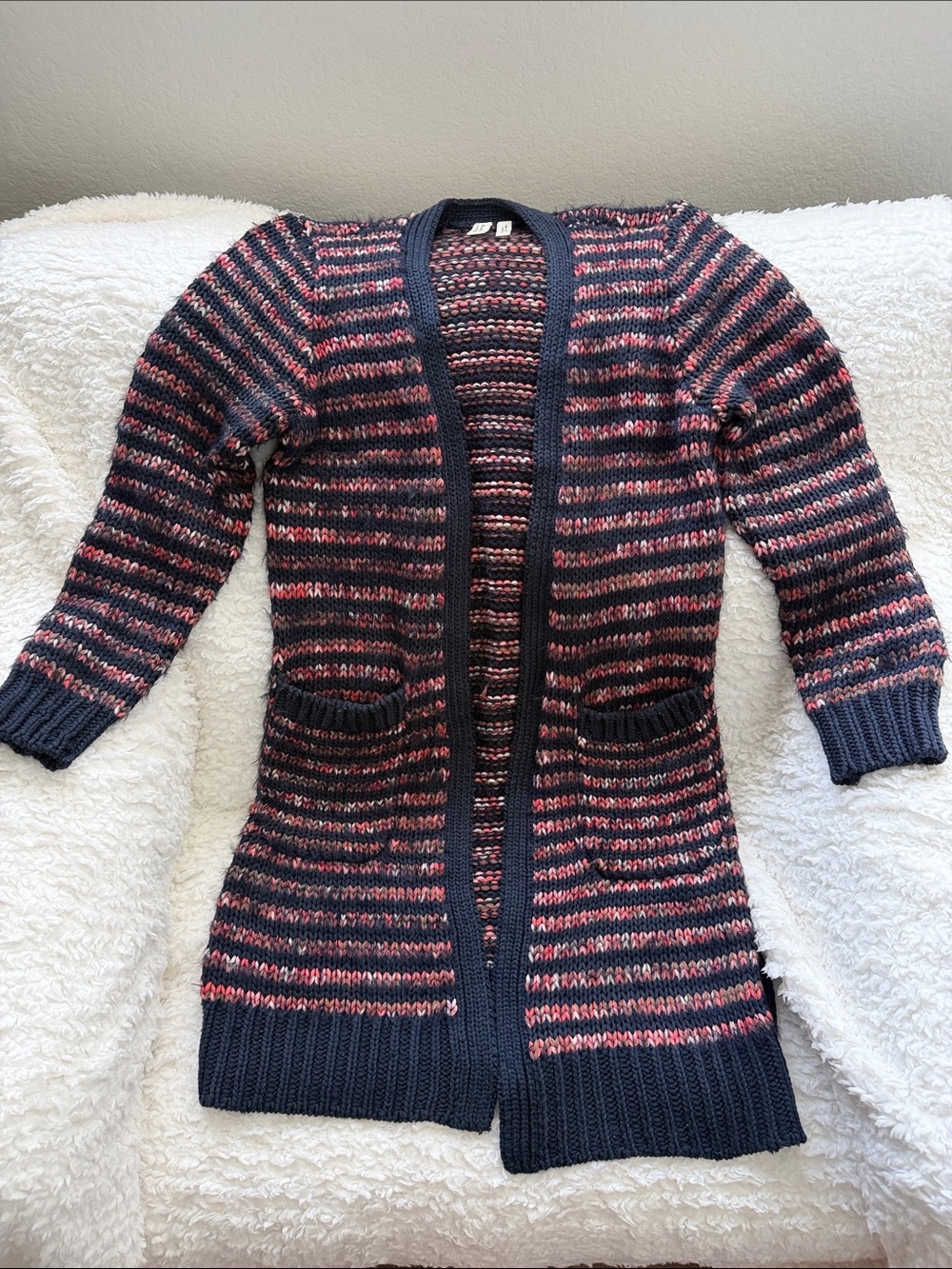 Anthropologie Navy and Pink Striped Open-Front Cardigan